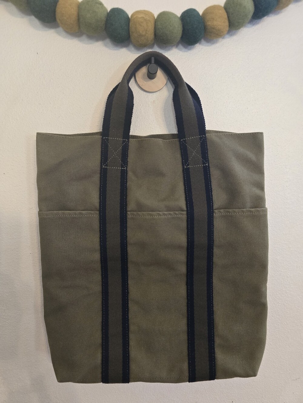 HERMES Fourre Tout Cabas MM Tote Bag Canvas Olive Green Navy Authentic Excellent